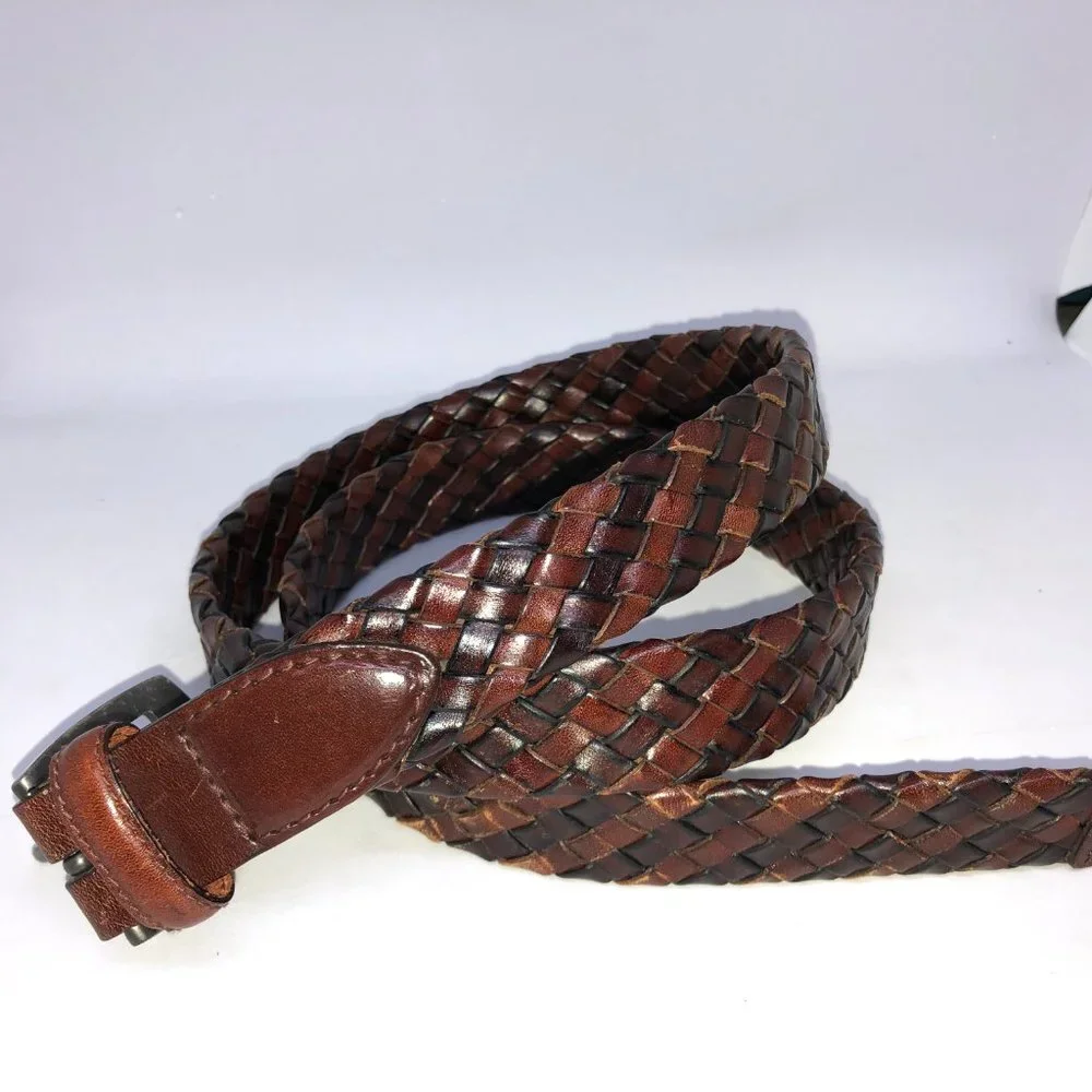 Brown Black 2-tone Leather Belt Weave Pattern Metal Buckle‎ 38/95